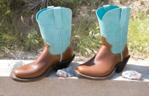 Custom-made brown leather and turquoise leather topped women's boots made by Brazo's boots, Guy Spikes